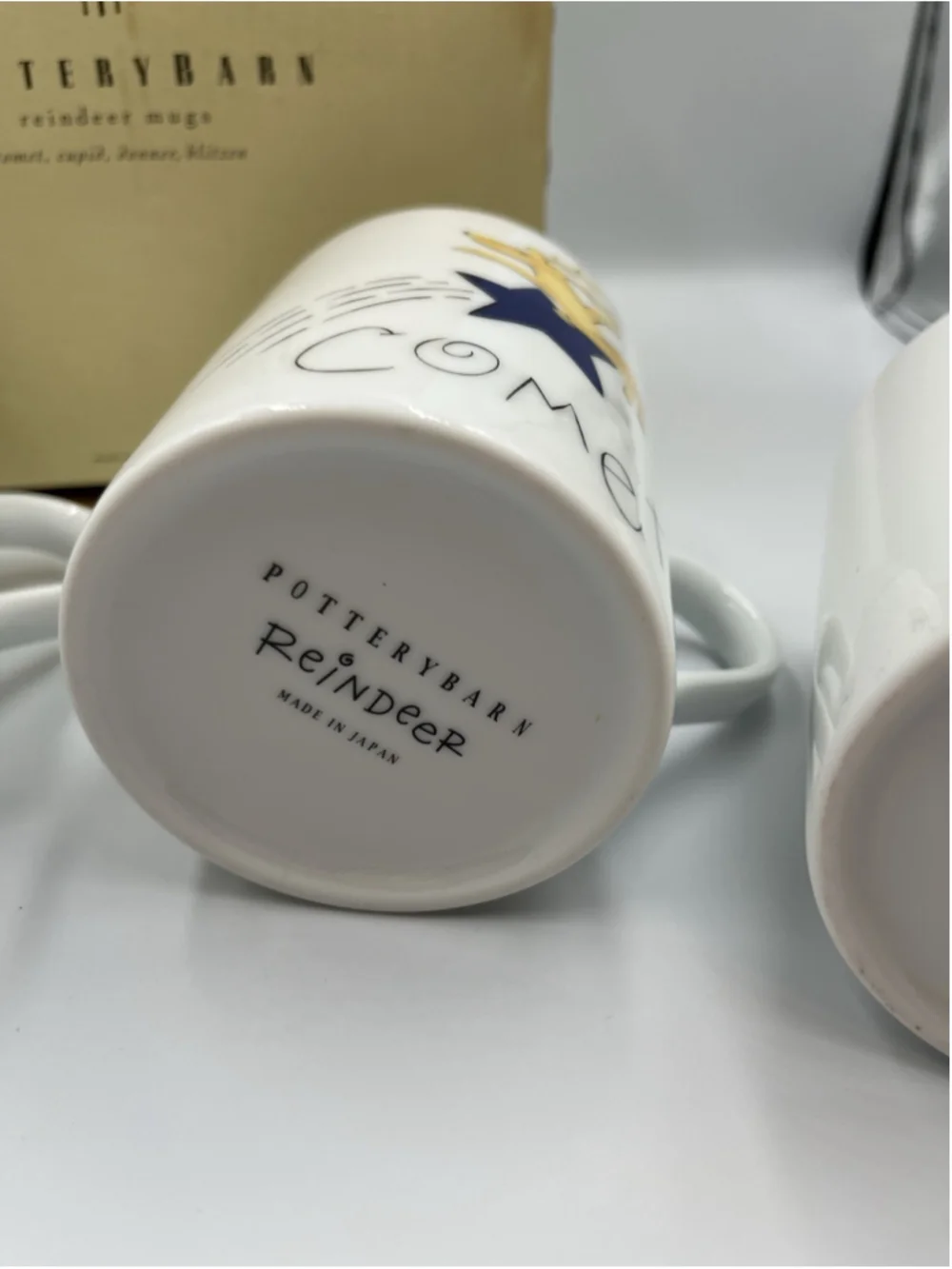 NIB Pottery Barn Reindeer Mugs, Comet, Cupid, Donner, & Blitzen Set of 4 JAPAN